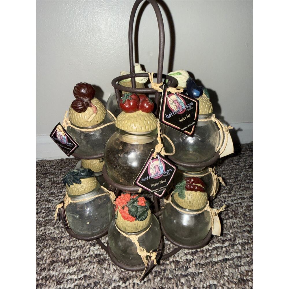 12 Collectible Vintage Shonfeld's Glass Spice Jars with Resin Cork Lids & Stand